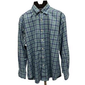 David Donahue Dress Shirt Mens Large Blue Green Plaid 100% Cotton